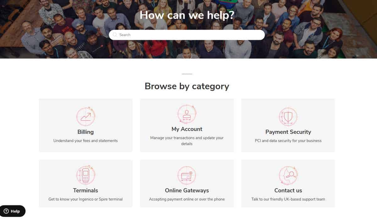 customer support categories at Paymentsense site